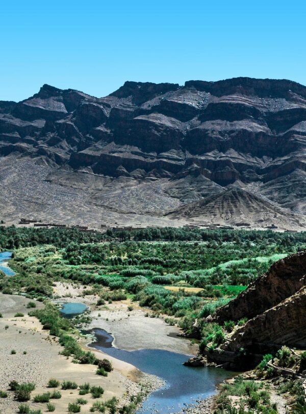 Stunning view of the rugged mountains and lush valley in Zagora, Morocco, under a clear blue sky.