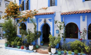 A stunning blue and white hotel facade in Chefchaouen, Morocco, decorated with vibrant plants.