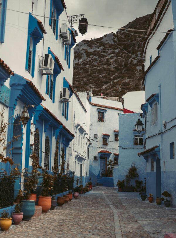 Explore the iconic blue alleyways and potted plants of Chefchaouen, Morocco's blue city.
